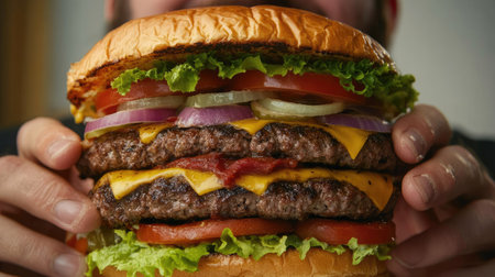 A delighted man taking a bite of a tasty, oversized hamburger, with all the delicious layers visible.の素材