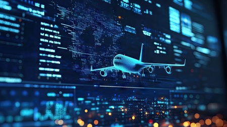 A digital flight simulation screen showing various flights, real-time transportation data, and information for passengers.の素材