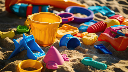A colorful assortment of beach toys for children, including sandcastle molds, a bucket, and a shovel, laid out on the beach.の素材