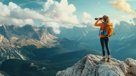 Adventurous woman using binoculars while standing on a mountain peak, enjoying the scenic view.の素材