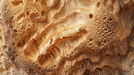 A close-up of the textured cross section of a wood slice, showing unique knots and grain patterns.の素材