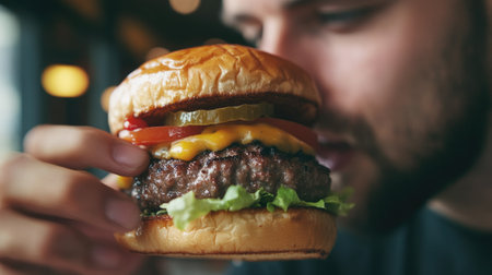 A close-up shot of a man savoring every bite of a perfectly stacked hamburger, relishing the flavors.の素材