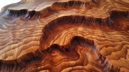 A close-up of the textured cross section of a wood slice, showing unique knots and grain patterns.の素材