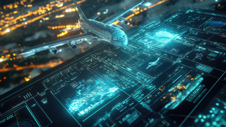 A digital flight simulation interface showing various flight routes, transportation options, and real-time passenger data.の素材