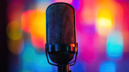 Professional podcast microphone in focus, with a blurred colorful backdrop creating depth.の素材