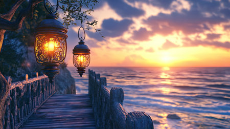 Seaside serenity captured in a lantern-lit balustrade, the sound of waves complementing the peaceful view.の素材