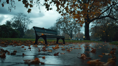 Rain-soaked wooden bench in an autumnal park, fallen leaves glistening under the cloudy sky.の素材