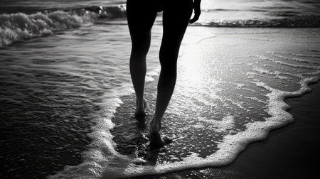 Silhouette of a girl's legs as she gracefully walks along the beach, waves rolling behind her.の素材