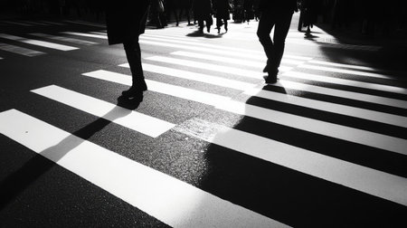 Silhouettes of hurried pedestrians contrast against bold white stripes of a crosswalk in midday sun.の素材