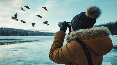 Woman in a winter coat using binoculars to watch migrating birds at a frozen lake.の素材