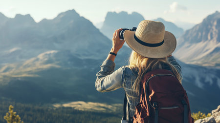Woman in a wide-brimmed hat using binoculars to admire the mountains from a scenic viewpoint.の素材