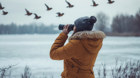 Woman in a winter coat using binoculars to watch migrating birds at a frozen lake.の素材