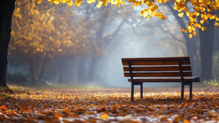 Wooden bench in a misty autumn park, surrounded by golden leaves and soft morning light.の素材