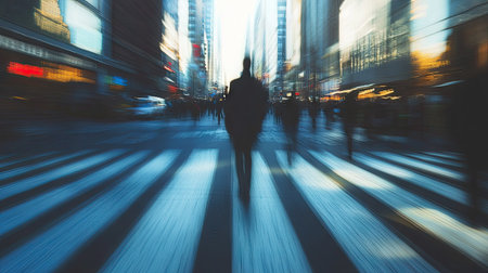 A blurred cityscape in the background as sharp shadows move across a pedestrian crossing.の素材