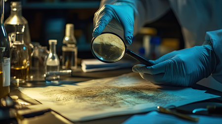 A forensic scientist's table with a magnifying glass over evidence, ready for examination.の素材