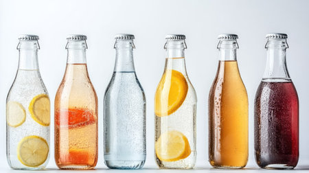 A group of clear bottles filled with refreshing drinks like sparkling water, juices, and cold brews, isolated on a white surface.の素材