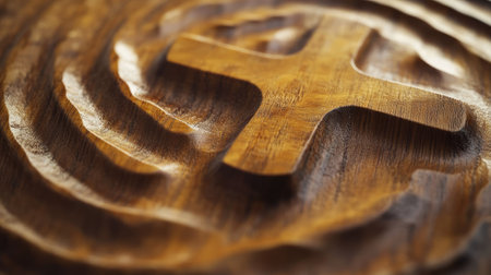 A close-up of an abstract wooden cross slice showing the richness of the texture and natural grain design.の素材