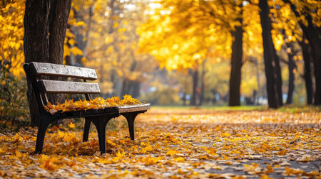 A lonely wooden bench covered in golden leaves, surrounded by vibrant autumn trees in a peaceful park.の素材