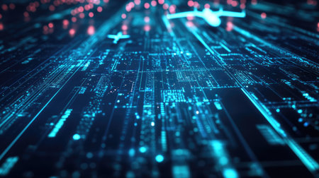 A high-tech simulation screen showing multiple flight routes and real-time passenger transportation details.の素材