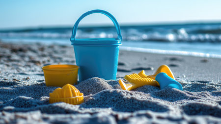 A group of vibrant beach toys for children, including a blue bucket, yellow rake, and sand molds, scattered across the beach.の素材