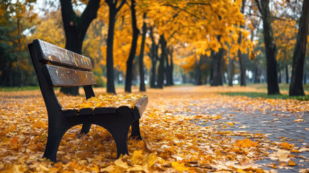 A lonely wooden bench covered in golden leaves, surrounded by vibrant autumn trees in a peaceful park.の素材
