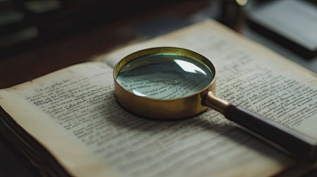 A magnifying glass placed on an open book, highlighting fine print for detailed study.の素材