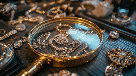 A round magnifying glass on a table with intricate jewelry pieces, perfect for examination.の素材