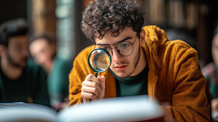 A student in a study group, humorously using a magnifying glass to read tiny print in a textbook.の素材