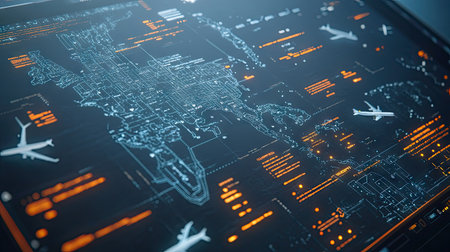 Close-up of a simulation screen showing various flight paths, highlighting transportation options and passenger details.の素材