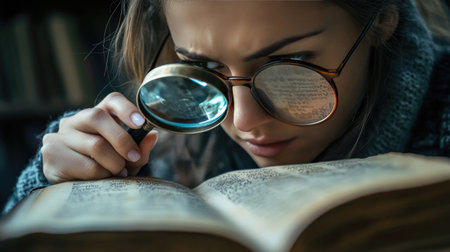 A woman in glasses using a magnifying glass to analyze text in an old, worn-out book.の素材