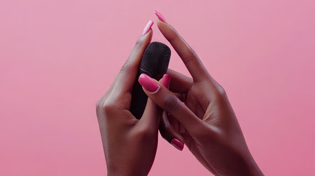 Close-up of hands with painted nails elegantly holding a wireless microphone against a soft pink background.の素材