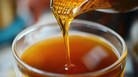 Close-up of tea being poured from a teapot into a glass cup, with soft light highlighting the warm amber color.の素材