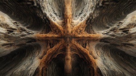 Detailed abstract texture of a cross slice of natural wood, showcasing its intricate grain and knots.の素材