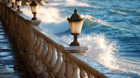 Elegant balustrade along the shore with a classic lantern, waves crashing in the background.の素材