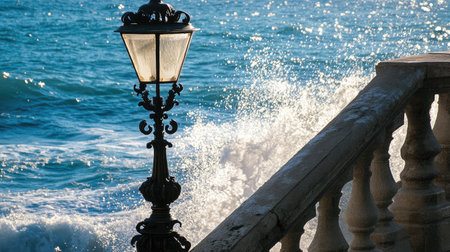 Elegant balustrade along the shore with a classic lantern, waves crashing in the background.の素材