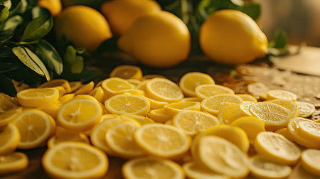 Freshly sliced round lemon pieces scattered on a surface, with whole lemons and green foliage in the background.の素材