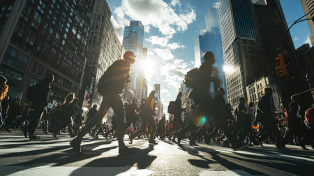 Low-angle shot capturing the exaggerated shadows of city dwellers rushing across the street.の素材
