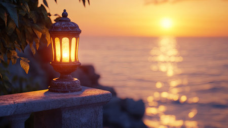 Golden hour by the sea, a lantern perched on a stone balustrade overlooking the glowing horizon.の素材