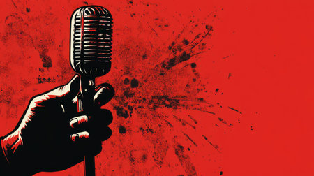 Hands gripping a professional microphone tightly, ready for performance, with a dramatic background.の素材