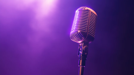 Podcasting microphone with soft LED lights, creating a futuristic glow against a purple backdrop.の素材