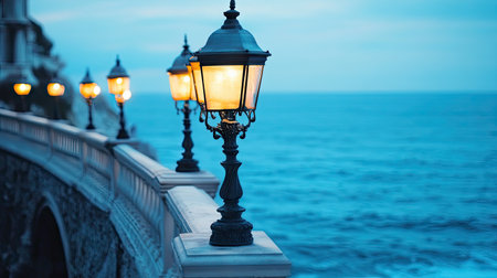 Ornate lanterns along a coastal balustrade, their soft glow contrasting with the cool blue sea.の素材