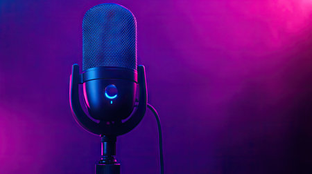 Podcasting microphone with soft LED lights, creating a futuristic glow against a purple backdrop.の素材