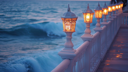 Ornate lanterns casting a warm glow on a white balustrade by the shore, with waves rolling in.の素材