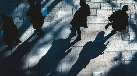 Pedestrians' shadows merge and overlap, forming an abstract urban landscape on the street.の素材