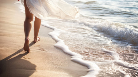 Elegant legs of a beachgoer walking on soft sand, the ocean breeze lifting her flowing dress.の素材