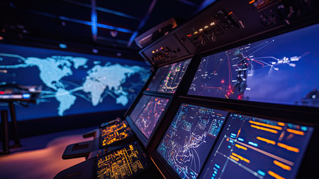High-tech flight simulation screen showing different routes and real-time transportation data for passengers traveling worldwide.の素材