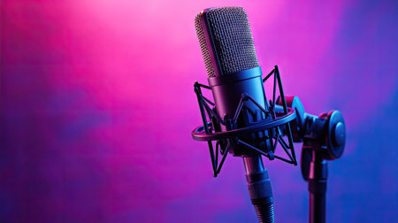 Professional condenser microphone on a stand, ready for recording, against a bold gradient backdrop.の素材