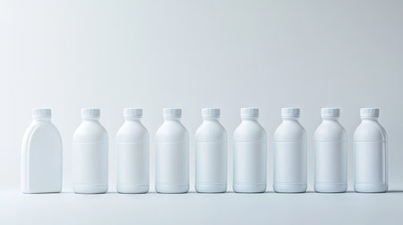 Empty white plastic bottles lined up in rows, all awaiting their first fill, with a simple white background.の素材