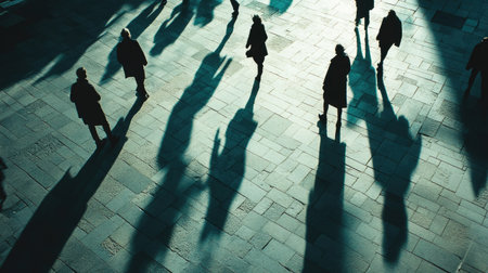 Pedestrians' shadows merge and overlap, forming an abstract urban landscape on the street.の素材