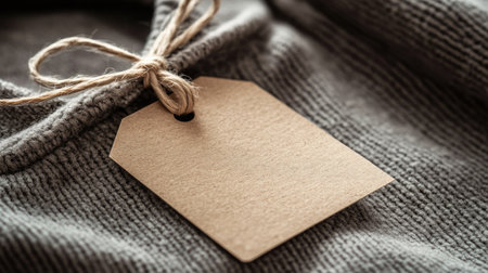 Kraft paper tag with twine loop attached to a folded hoodie, ready for personalized brand designの素材